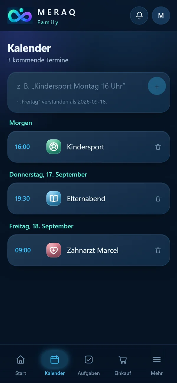 Kalenderansicht von MERAQ Family mit den Terminen Kindersport, Elternabend und Zahnarzt