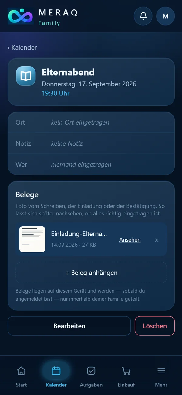Termin Elternabend mit angehängtem Foto der Einladung als Beleg