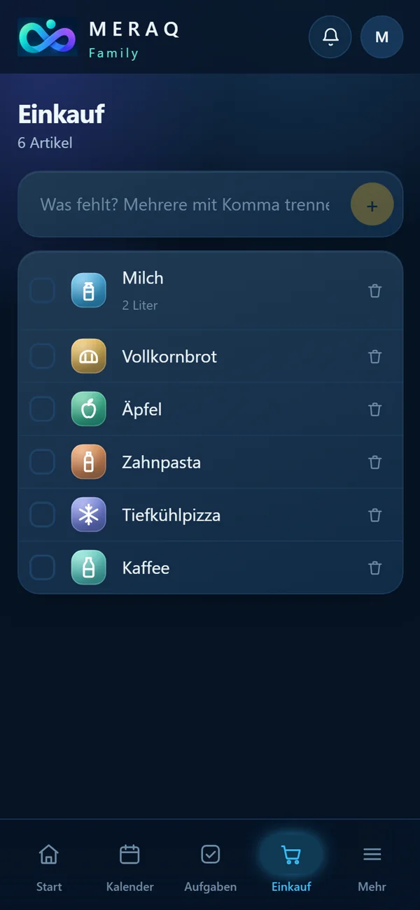 Einkaufsliste in MERAQ Family mit Milch, Brot, Äpfeln und weiteren Artikeln