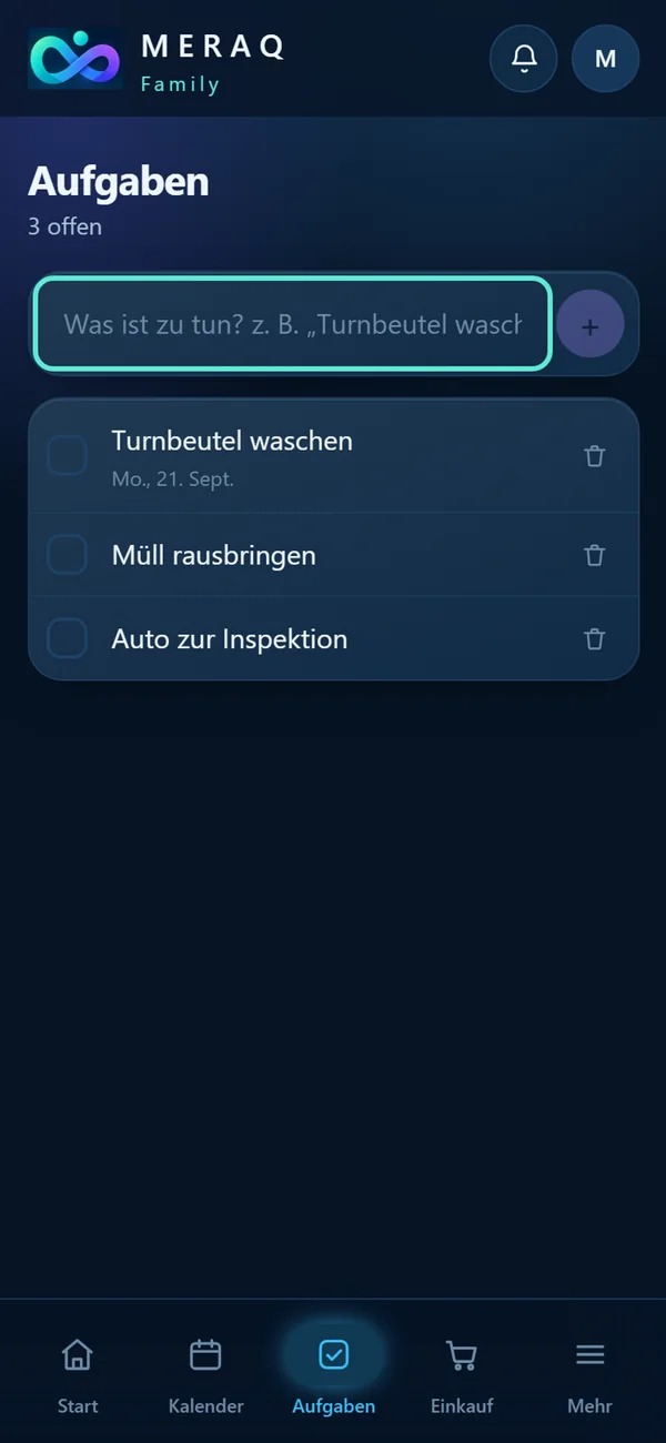 Aufgabenliste mit Turnbeutel waschen, Müll rausbringen und Auto zur Inspektion