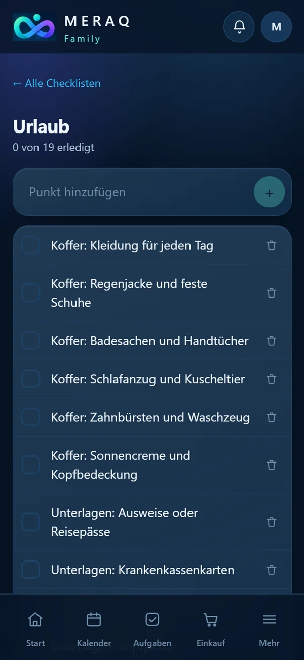 Checkliste Urlaub mit Punkten zu Koffer und Unterlagen