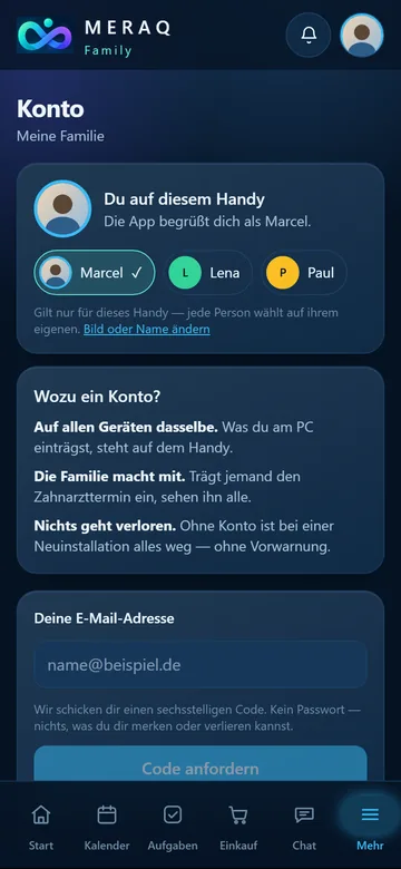 Konto-Seite mit Anmeldung per E-Mail