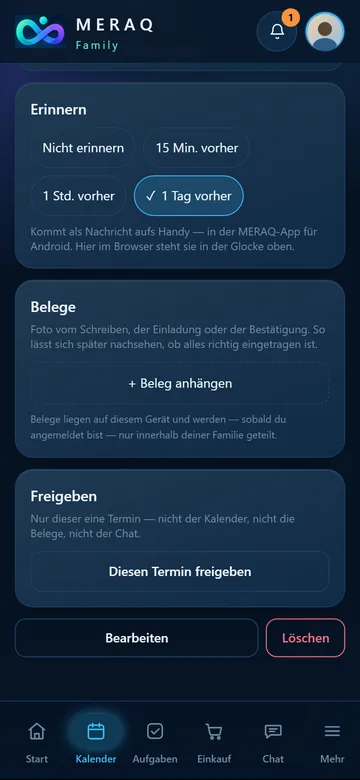 Termin-Details mit Erinnern, Belegen, Freigeben, Bearbeiten und Löschen